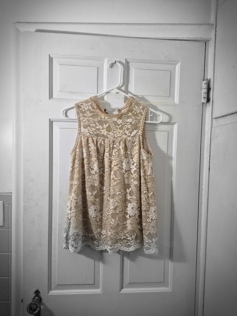 Lace Overlay Babydoll Blouse in Beige